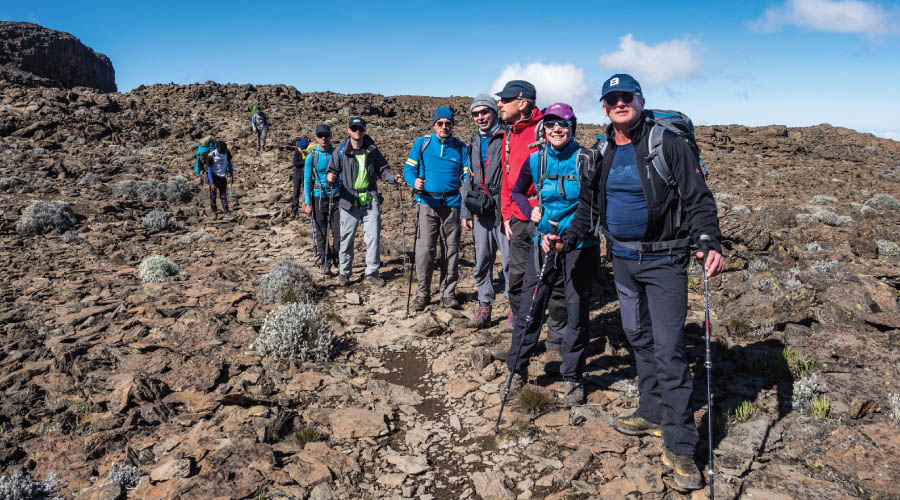 Shira Discovery Kilimanjaro: Hikers enjoying panoramic views from Shira 2 Camp, looking towards Kibo Peak