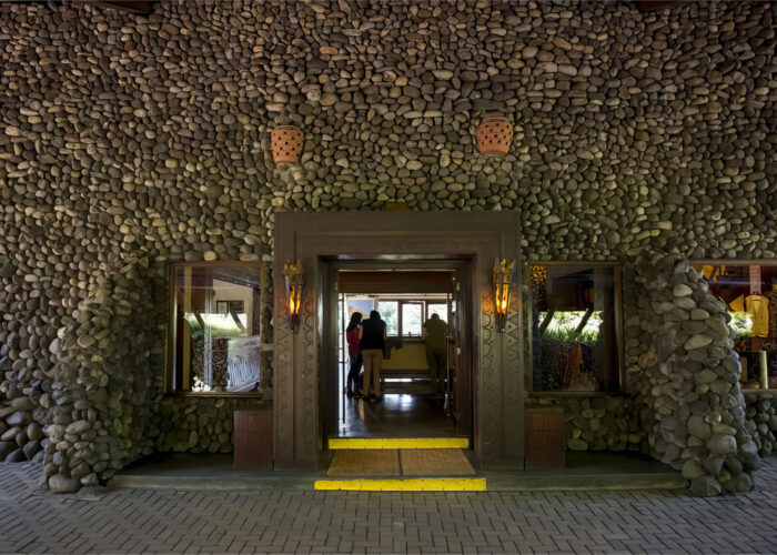 Stone entrance and reservation walls at Ngorongoro Serena Safari Lodge in Ngorongoro Crater