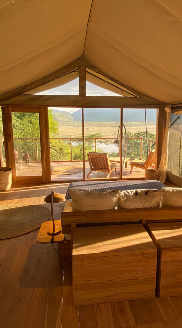 A luxury tented safari camp nestled in Mkomazi’s remote landscape with Kilimanjaro or open plains in the distance.