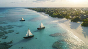 Aerial view of Zanzibar Island with turquoise waters and white sandy beach